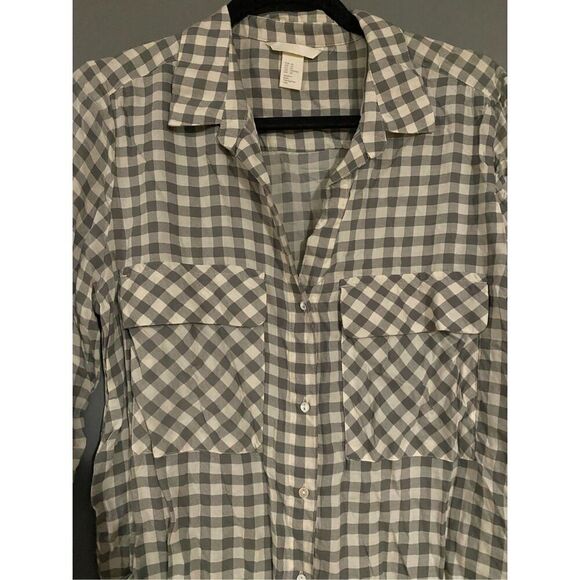 H&M Ivory Grey Modal Plaid Checked Long Sleeve Button Front Blouse Size 10 - Picture 5 of 8